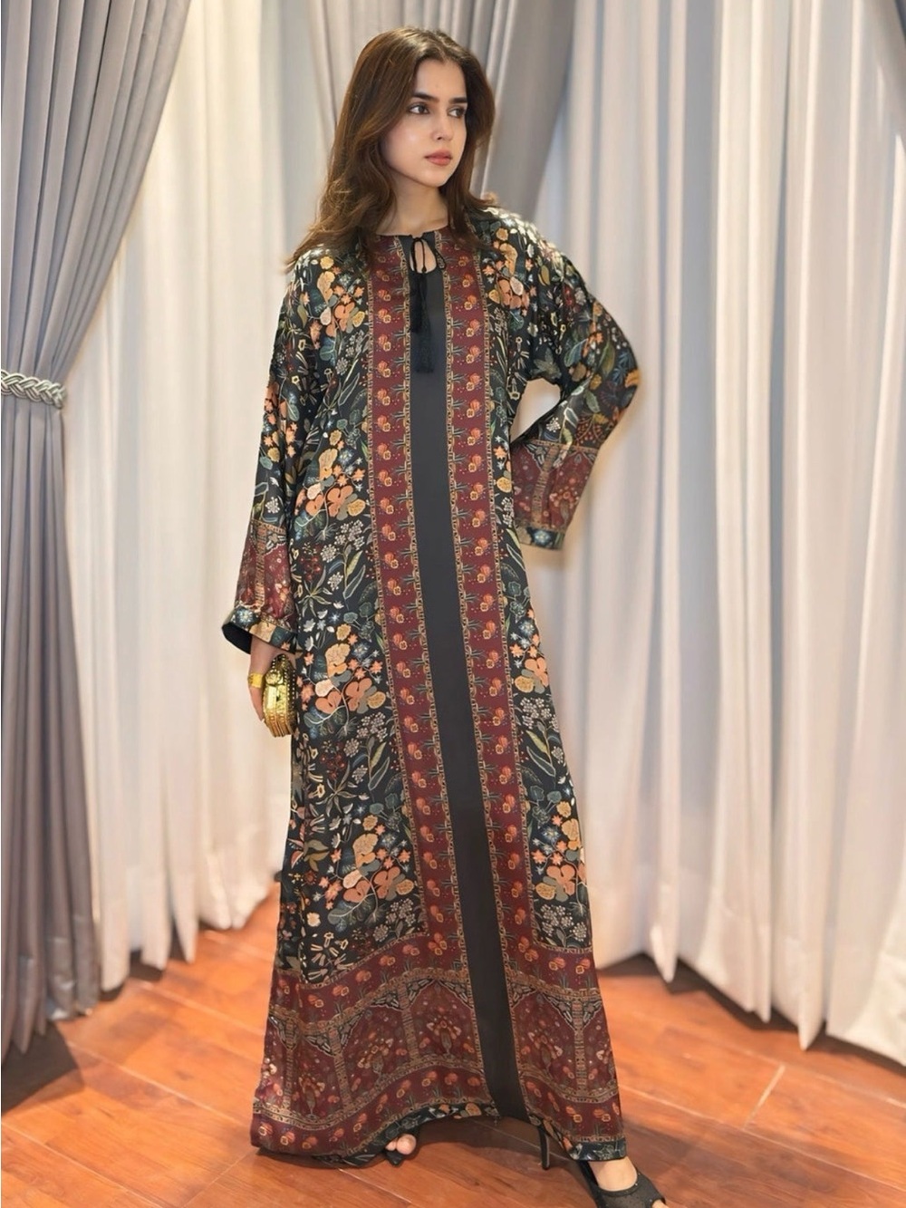 Floral Printed Long Sleeve Maxi Kaftan Dress in Black and Rust